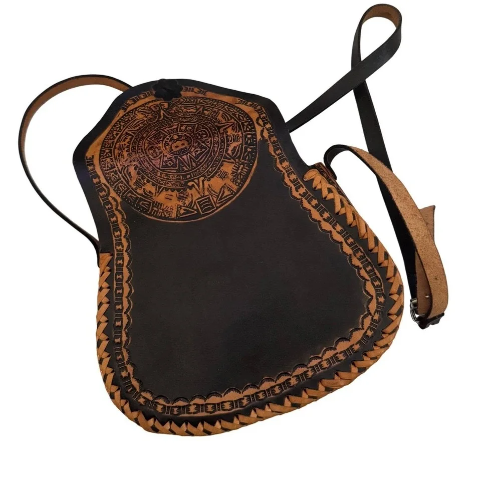 Vintage HandTooled‎ Leather Crossbody Mexico Aztec Mayan Calendar Boho Preloved